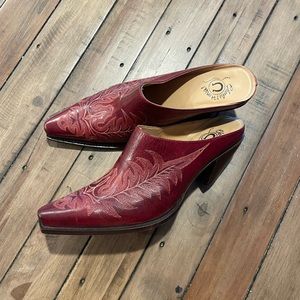 Lucchese Burgundy Red Leather Embroidered Mules